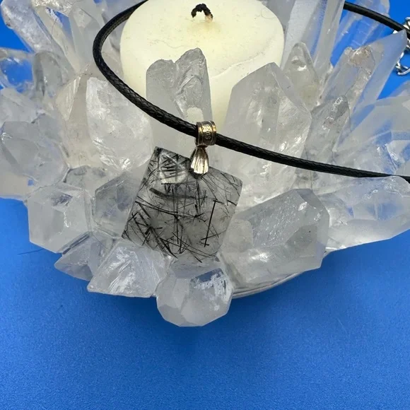 Black rutile square pendant on 16” black rope with extender - Picture 4 of 6